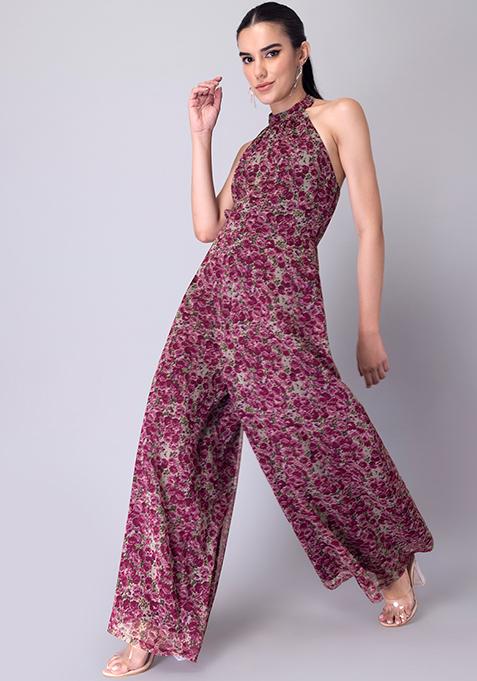 Pink Floral Halter Neck Jumpsuit 