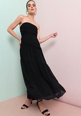 Black Off Shoulder Ruched Maxi Dress 