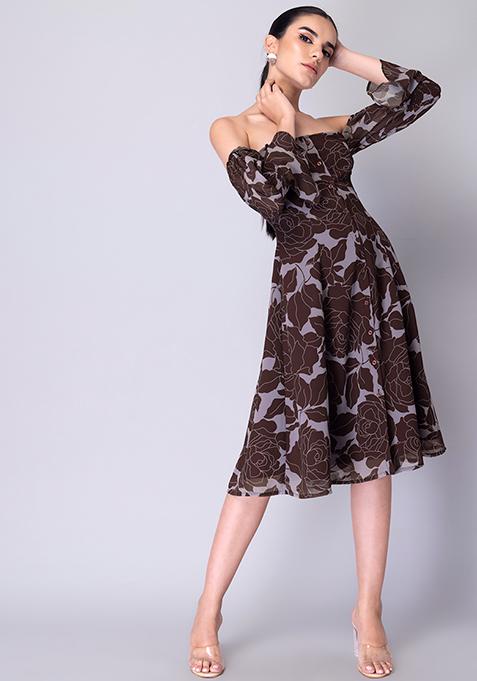 Brown Floral Off Shoulder Buttoned Dress 