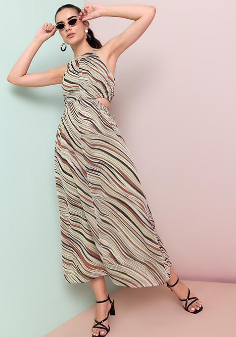 Beige Abstract Waist Cut Out Maxi Dress 