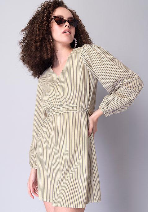 Beige Striped Ruched Self Tie Dress 