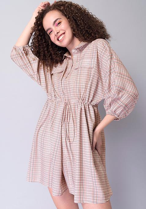 Pink Checked Dolman Sleeve Shirt Dress 