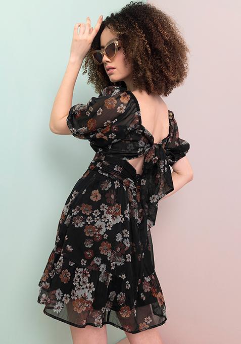 Black Floral Back Tie Dress 