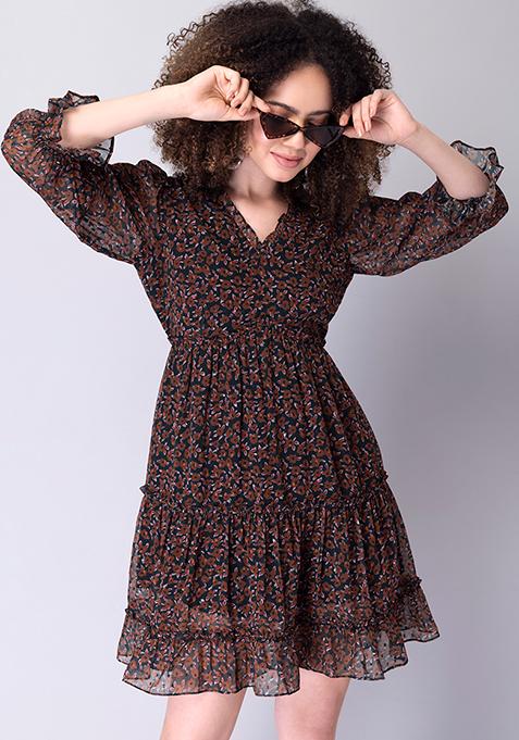 Brown Floral Waist Cut Out Dress 