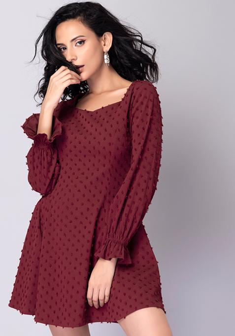 Maroon Self Design A Line Dress