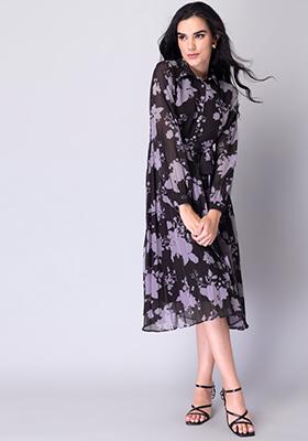 Purple Floral Pleated Belted Shirt Dress