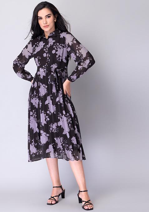 Buy Women Purple Floral Pleated Belted Shirt Dress - Date Night Dress ...