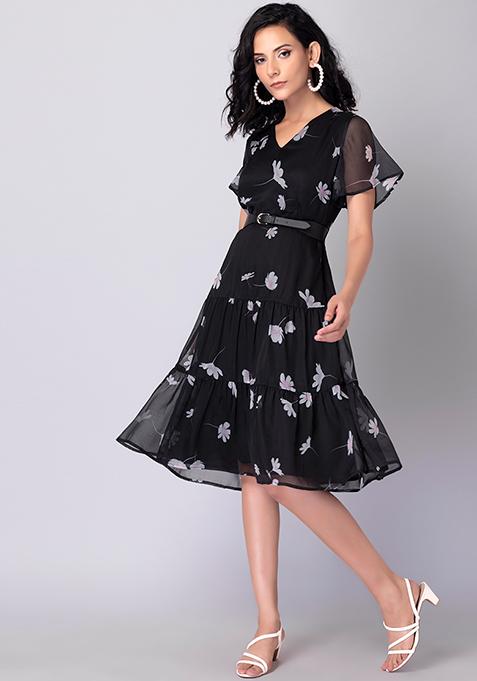 Black Floral Ruffled Belted Dress 