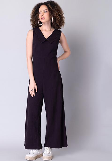 Wine Collared Trim Jumpsuit 