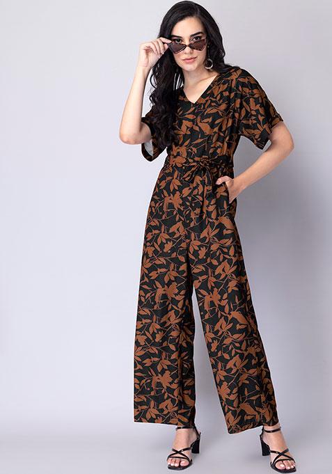 Black Floral Kimono Sleeve Belted Jumpsuit 