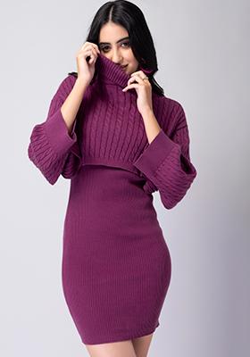 Purple Cable Knit Sweater Dress
