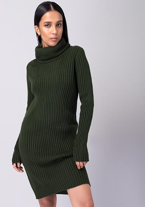 Olive Cable Knit Sweater Dress