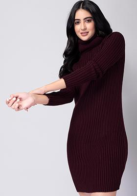 Wine Cable Knit Sweater Dress