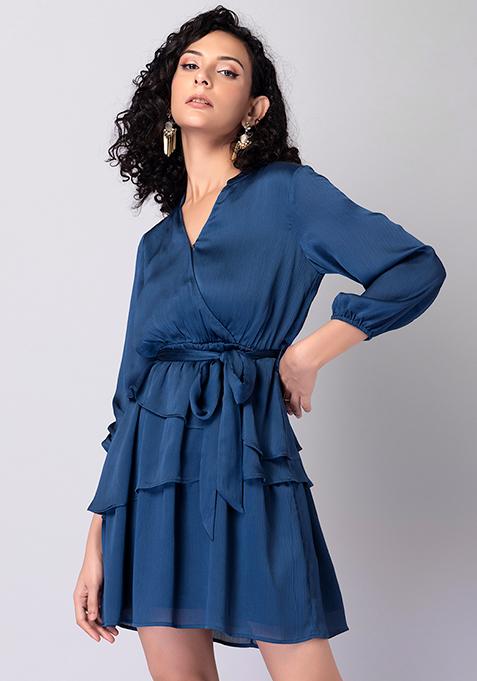 Buy Women Blue Satin Tiered Dress With Fabric Belt - Date Night Dress ...