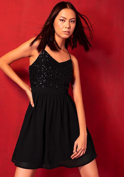 Black Sequin Strappy Mini Dress