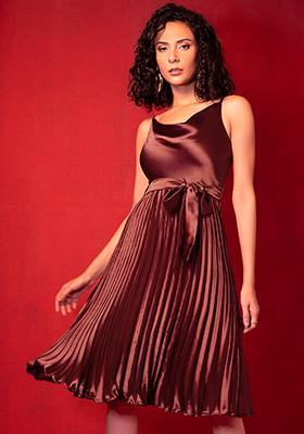 Ruby Satin Cowl Neck Pleated Dress with Self Fabric Belt 