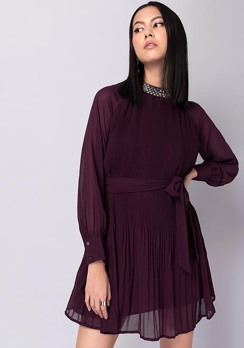 Purple Pleated Embellished Dress With Fabric Belt