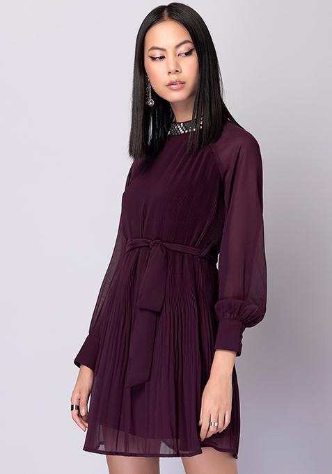 Buy Women Purple Pleated Embellished Dress With Fabric Belt - DRS05469 ...