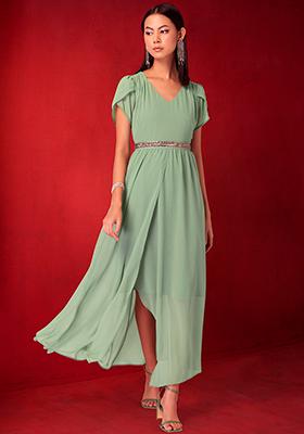 Green Tulip Sleeve Maxi Dress With Embellished Belt 