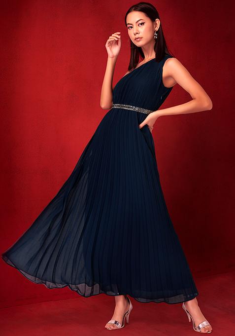 Navy Blue One Shoulder Maxi Dress With Embellished Belt