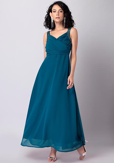 Buy Women Teal Blue Gathered Embellished Strap Maxi Dress - Date Night ...