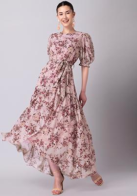 Pink Floral Ruffled Belted Maxi Dress 