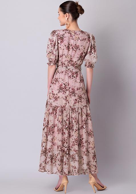 Buy Women Pink Floral Ruffled Belted Maxi Dress - Date Night Dress ...
