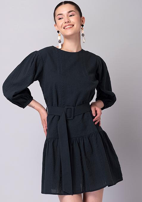 Navy Blue Cotton Shift Dress With Belt