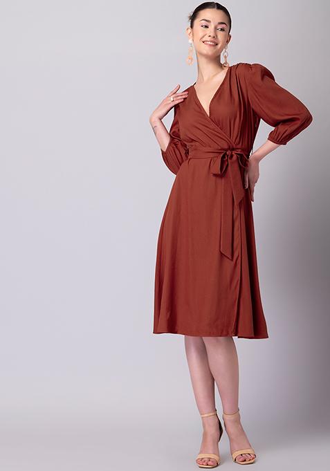 Rust Puff Sleeve Belted Midi Dress 