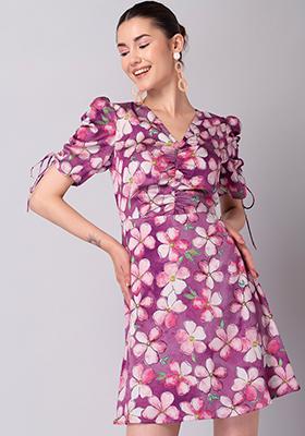 Purple Satin Floral Ruched Sleeve Dress