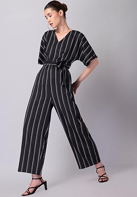 Black Striped Belted Jumpsuit 