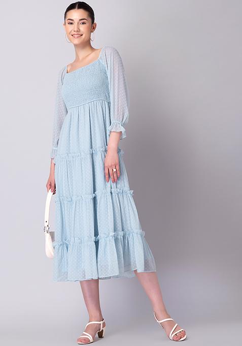 Powder Blue Smocked Tiered Midi Dress 