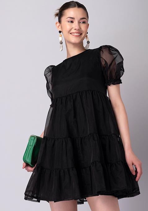 Black Organza Puff Sleeve Tiered Dress 