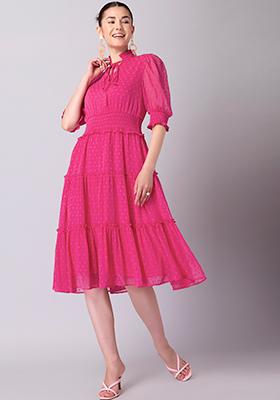 Hot Pink Ruched Front Tie Up Tiered Dress 
