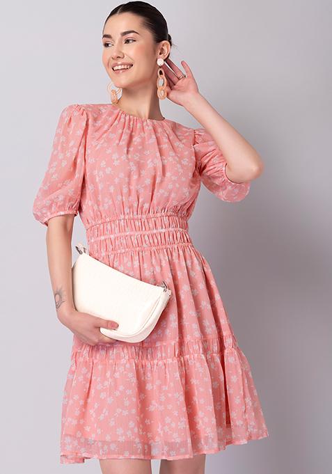 Peach Floral Puff Sleeve Elasticated Waist Dress 