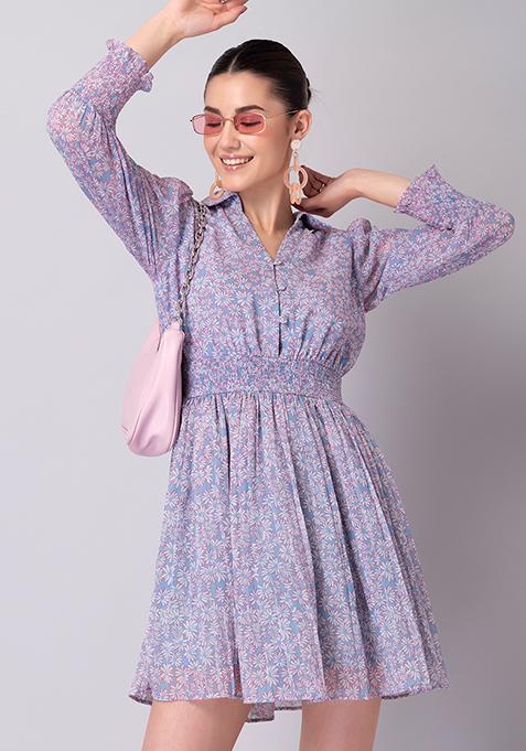 Blue Floral Print Pleated Shirt Dress