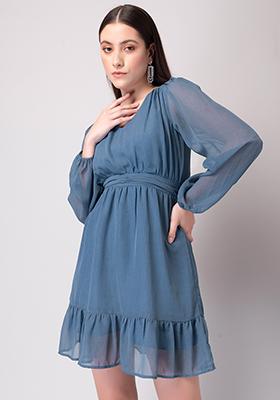 Blue Shimmer Elasticated Waist Ruffled Dress 