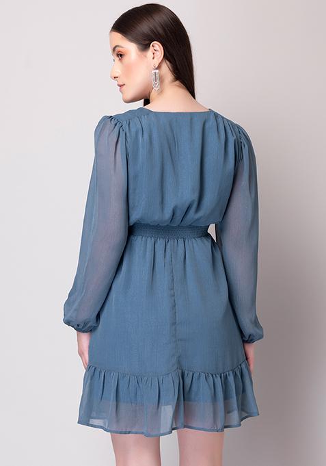 Buy Women Blue Shimmer Elasticated Waist Ruffled Dress - Date Night ...