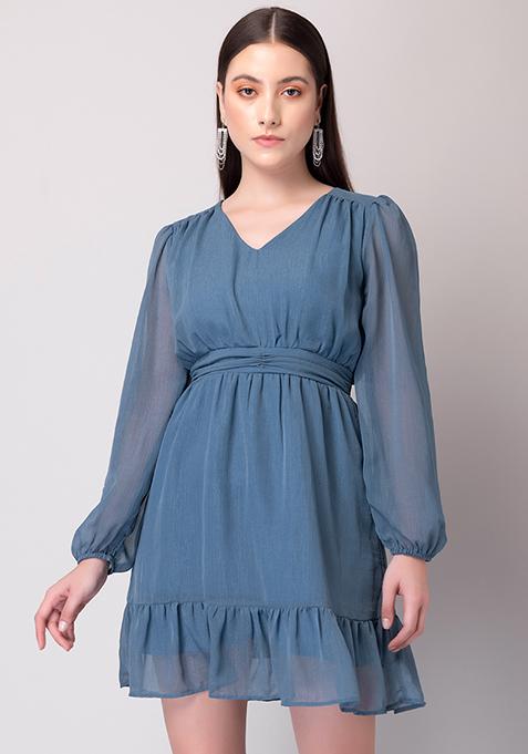 Buy Women Blue Shimmer Elasticated Waist Ruffled Dress - Date Night ...
