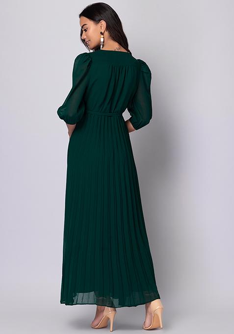 Dark Green Pleated Maxi Dress with Self Fabric Belt 