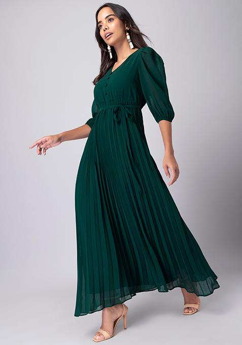 Buy Women Dark Green Pleated Maxi Dress With Self Fabric Belt - Date ...