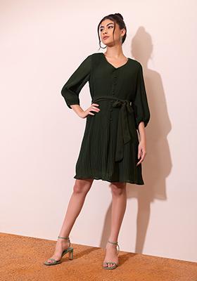 Green Button Pleated Dress With Self Fabric Belt