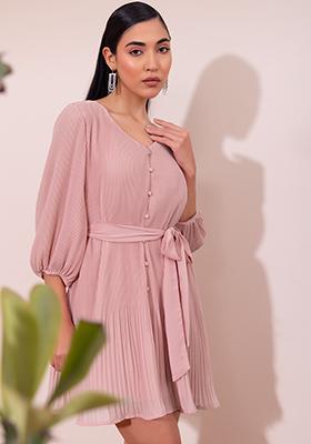 Light Pink Pleated Dress With Self Fabric Belt