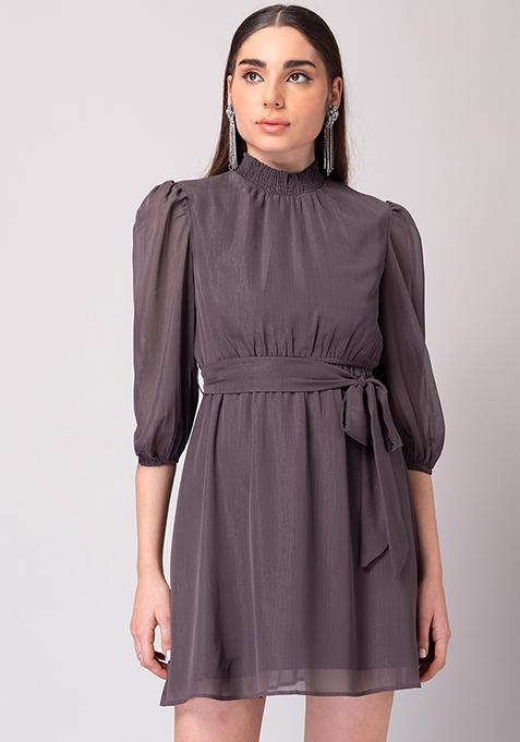 Purple Shimmer High Neck Dress With Belt