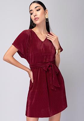 Red Pleated Shift Dress With Belt