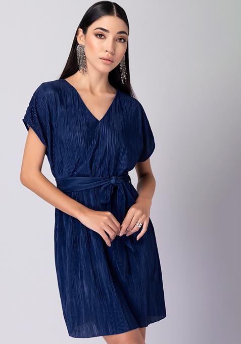 Navy Blue Pleated Shift Dress With Belt