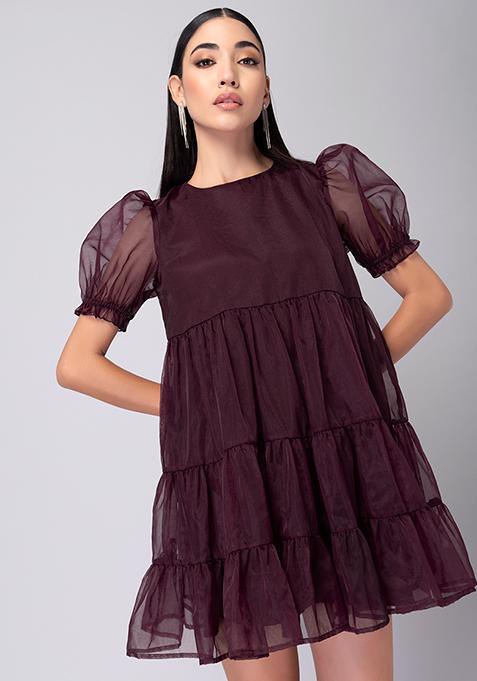 Purple Organza Puff Sleeve Tiered Dress