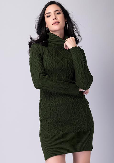 Green High Neck Cable Knit Sweater Dress