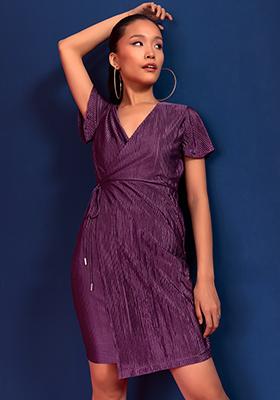 Purple Pleated Side Tie Wrap Dress 