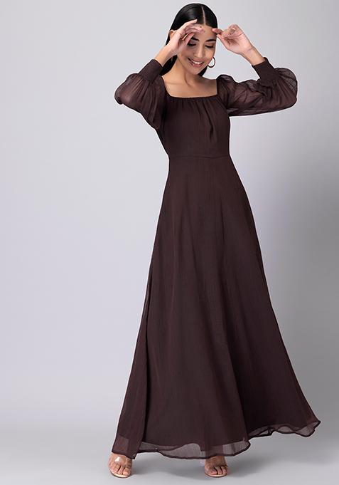 Brown Off Shoulder Puff Sleeve Maxi Dress